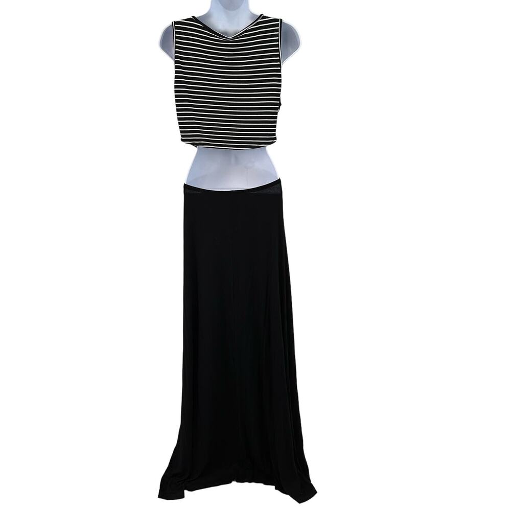 LeShop Maxi Striped Top Solid Skirt Black/White L Stretchy Waist Sleeveless Crew